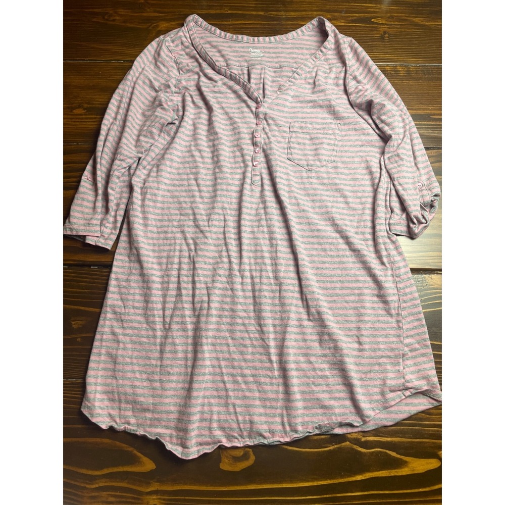Bump in the night Shirt Maternity Size XL Pink Gray Stripe 1/4 Button 3/4 Sleeve